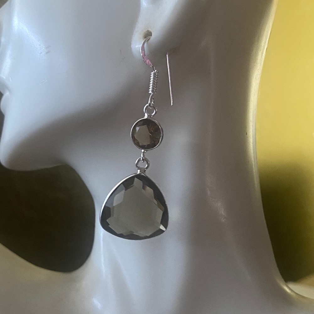 Two tone smoky quartz Artisan handcrafted Faceted Teardrop Dangle Earrings - - Picture 6 of 7